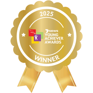 Image of a winner's badge reading "2025 7NEWS Young Achiever Awards Winner"