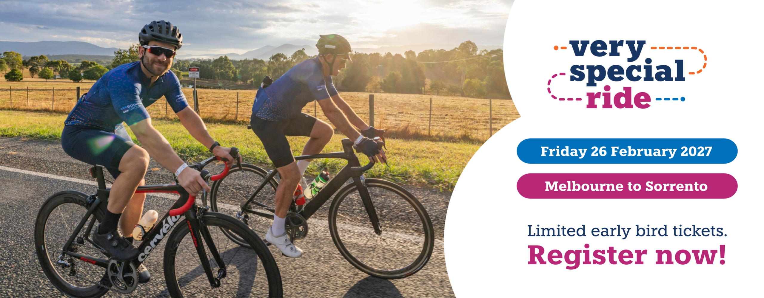 Two men ride a bike on the road. The text reads, "Very Special Ride. Friday 26 February 2027. Melbourne to Sorrento. Limited early bird tickets. Register now.
